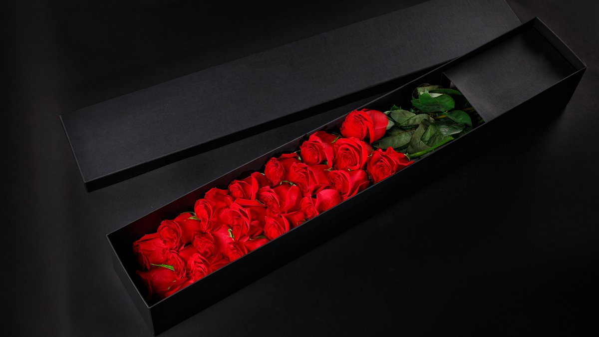 Красные розы в черной упаковке (55 фото)